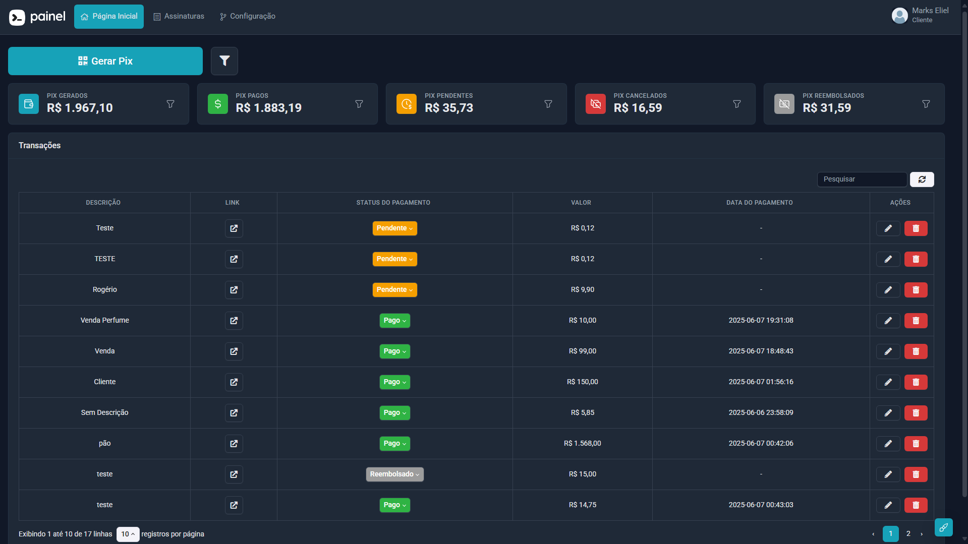 Painel de Controle PixFácil